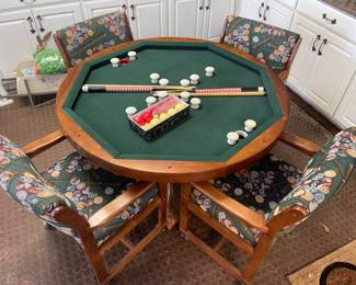 3 In 1 gaming table- cards , bumper pool, dining, medium oak with claw foot pedestal base.  Balls, cues, chalk, cards, chips included! 