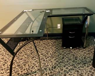 Glass top L-shape desk and small file cabinet