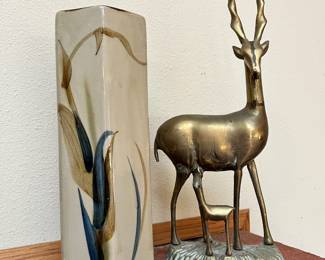 MCM Brass Antelope Figurine, Japanese Square Floral Vase