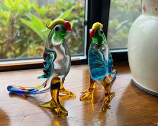 2 Blown Glass Parrot Figurines