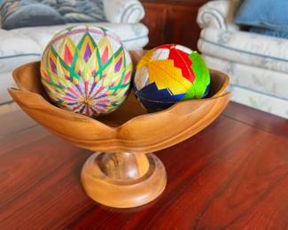 Two Japanese Temari Fabric Ball Ornaments, Monkey Pod Wood Pedestal Candy Dish