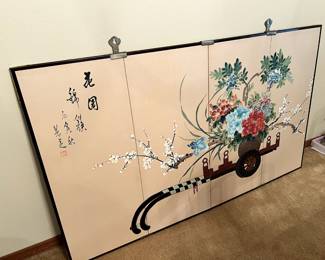 Chinese 4 Panel Screen with Scene of Garden Cart