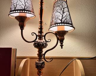 Copper Tone Candelabra Table Lamp with Etched Tree Patterned Shades