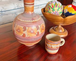 Tonala Mexican Pottery Bottle/Vase with Floral Design, Mexican Pottery Mug