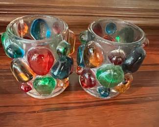 Pair of Multicolored/Clear Chunky Art Glass Tealight Candle Holders