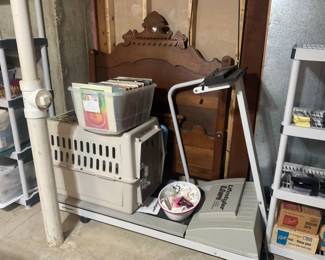 LARGE DOG CAGE.  ANTIQUE WALNUT BED 