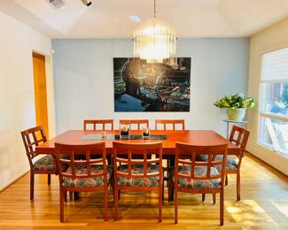 Berman Rosetti seats 8 w/ extra leaf solid cherry dining table.