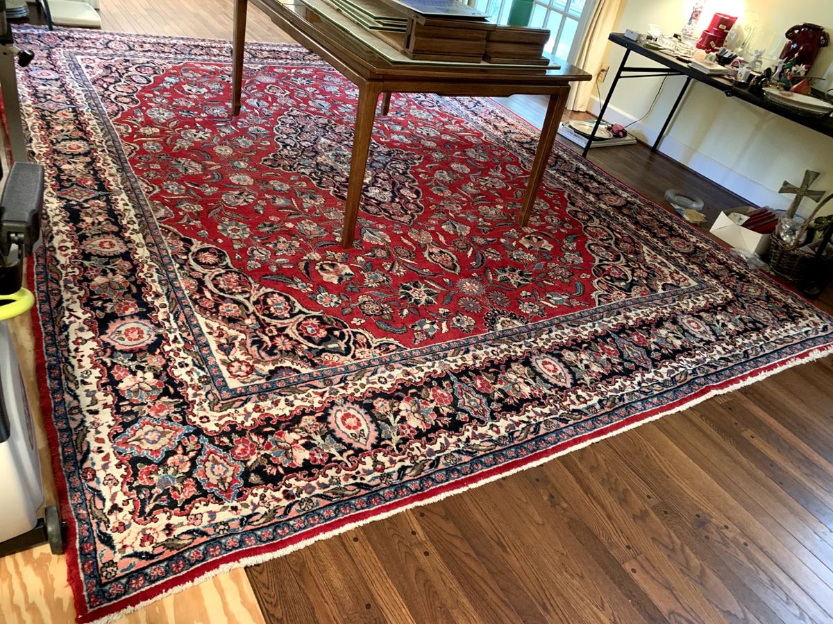 #1 Dining room table with3 leaves and table pad (no chairs) 64-100x41x30 $150 #2 Iran hand knotted rug burgundy, blue cream 122x13'6" $350.00