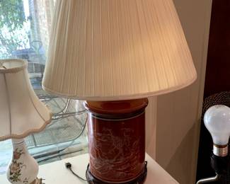 #76	Red Ceramic Huge Lamp Base w/Asian Trees/Bridge - 29" Tall	 $75.00 
