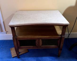 #43	Mid-CenturyWood Base/Marble top End Table w/2 doors - 26x18x23 (chipped & Missing a knob)	 $75.00 

