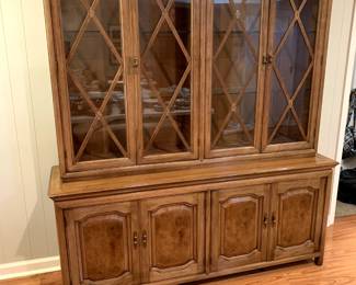 #65	Thomasville China Cabinet (2 pcs.) lighted, w/3 glass shelves & 4 glass doors & 4 wooden Doors and 3 wooden Drawers - 65x18x29-78  (missing one handle)	 $175.00 
