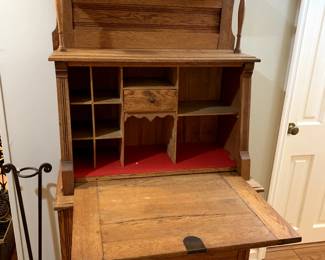#63	oak drop front desk with cubbies inside and 3 drawers 30x16-30-63  (as is finish)	 $125.00 
