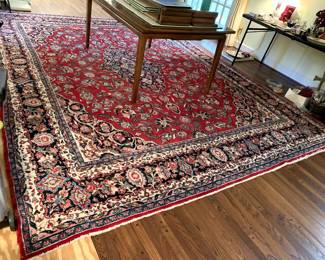 #1 Dining room table with3 leaves and table pad (no chairs) 64-100x41x30 $150                                                      #2	Iran hand knotted rug burgundy, blue cream 122x13'6"	 $350.00 
