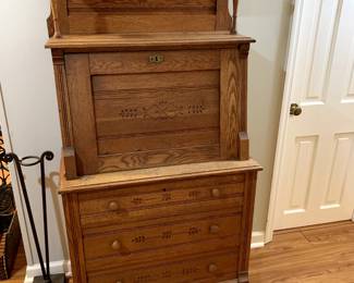 #63	oak drop front desk with cubbies inside and 3 drawers 30x16-30-63  (as is finish)	 $125.00 
