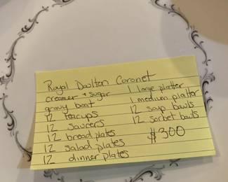 #100	Royal Doulton Coronet  - set of China w/serving pieces - service for 12	 $300.00 
