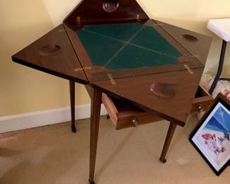 #31	Antique Game Table w/envelope fold-out top w/legs on Wheels - 20-40x30 w/1 drawer	 $125.00 
