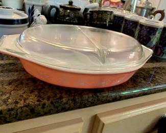 #183	vintage pink Pyrox cassrole server with lid 	 $30.00 

