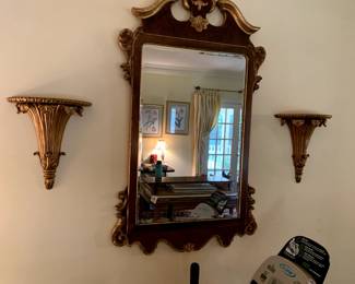 #20	Set of 2 Gold Painted Wood Wall Sconces - 12x14	 $30.00 
#19	Wood w/Gold Trim Rectangular Mirror - 28x48 - w/Ornate Carvings	 $75.00 