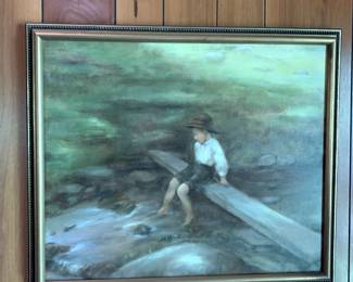 #174	J WH c oil painting in gold frame of boy with feet in the water of a creek 22x26	 $100.00 
