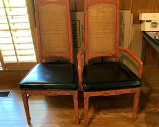 #12	Set of 2 Tomato Red Painted His/Her Chairs w/Gold Decals of Birds w/vinyl Seat and cane Back (taller seat back )	 $80.00 
