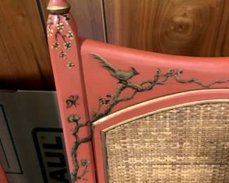 #12	Set of 2 Tomato Red Painted His/Her Chairs w/Gold Decals of Birds w/vinyl Seat and cane Back (taller seat back )	 $80.00 
