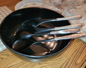Towle sterling mounted melamine bowl. 3 sets of Sterling handled utensils also available 
