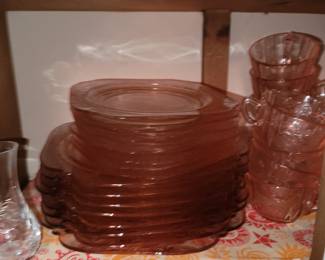 Large set of pink depression glass 