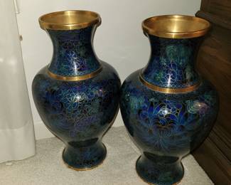 Pair of large blue floral cloisonne vases