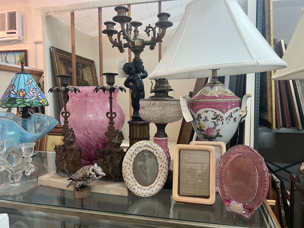 Lamps, quality standing picture frames, wall picture frames, Asian, Murano glass, American pressed glass, bronze and brass.