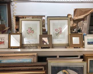 Pretty framed roses prints, mirrors, frames, small paintings.