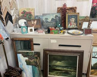 Seascapes, European scenes, ethcings, paintings, mirrors, frames, brass, antiques.