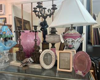 Lamps, quality standing picture frames, wall picture frames, Asian, Murano glass, American pressed glass, bronze and brass.