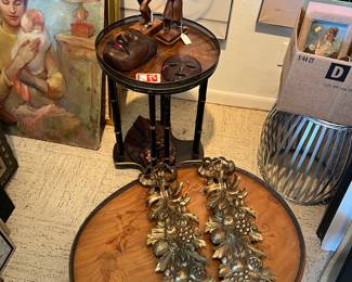 Italian, Haitian, African art, small inlaid table, African masks, 80s fashion paintings