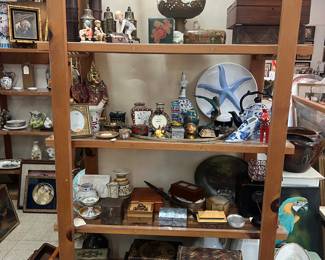 Ceramics, wood, brass, baskets, books, porcelain fish platter, Chinese style items, Hummels, decorative boxes