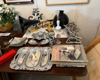 Books, art books, books in French, decorative coastal, vintage silver serving ware.