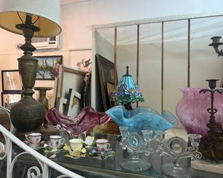 Demitasse porcelain, paintings, brass Asian. Italian Murano glass