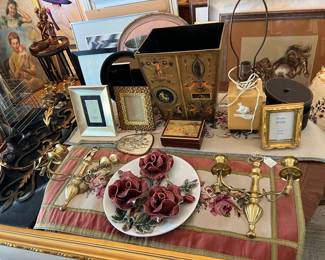 Italian brass and ceramics, Florida Palm beach style, needlepoint