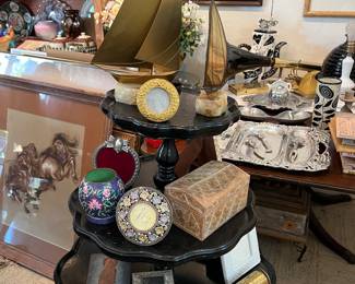 Brass sailboat sculptures, smalls, bric-a brac, antiques, paintings.