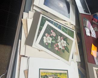 Drawers full of prints including Impressionist, floral, Florida, modern, antique.