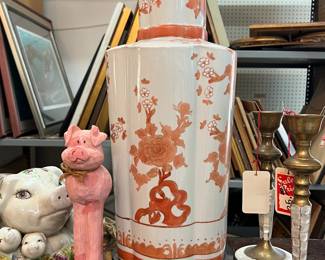 Chinese lamp and pig, Vintage shell and brass candlesticks,