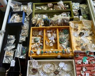 Jewelry Collection:  Lots of Sterling, Turquoise, Necklaces, Rings, Earrings, Bracelets, Pendents, Brooches. Swarovski and so much.  4-5 Estate Sales Worth of Jewelry..  More than we can display for now.