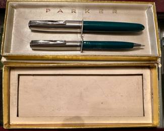 Vintage Parker Pen and Fountain Pen SetWe have a significant collection of Parker, Shaeffer and Cross Pens including Fountain Pens, Ballpoints, Mechanical Pencils and Rollerballs.  From the 1920's to 1970's and more contemporary.  Look for the Pens at Jewelry Counter in the Family Room