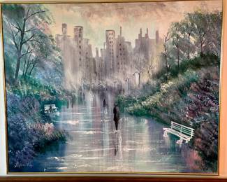 New York Ave scene in the rain by Stephen Kaye. 60" X 48" H. Gold Tone Aluminum Frame. 