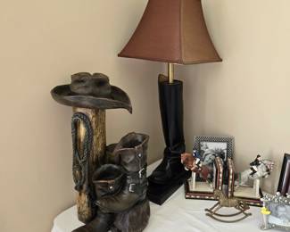 Pair of riding boot lamps, cowboy fountain (SOLD)