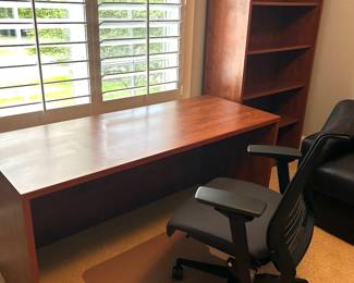 Desk, office chair, bookshelf