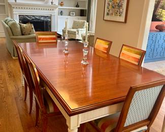 Dining table with 6 chairs. Table measures 83” long x 44”. Includes one 24” leaf, another leaf included but not shown