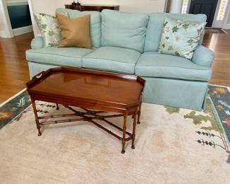 Sofa by The Charles Stewart Co. Hickory NC 77” long.
Tray-top coffee table 37” x 20”
(rug, not for sale)