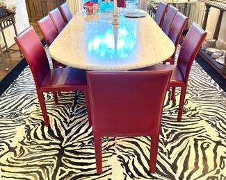 Oversized Stone Top Dining Table, Zebra Print Rug & 10 Red Leather Dining Chairs