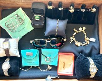 Cartier Sunglasses, James Avery 14k Charm Bracelet, Tiffany Elsa Peretti Green Jade Cabochon Ring, Tiffany Garden Cuff with Diamond, Tag Heuer 18k & Stainless Watch, Burberry Watch, Tiffany Somerset Mesh Ring, Burberry Watch, Raymond WeilTango Watch, 14k Sapphire Bracelet