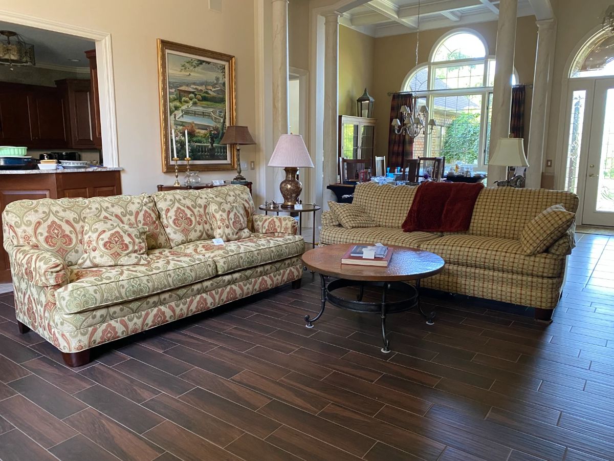 Please note the small round coffee table pictured is not for sale.